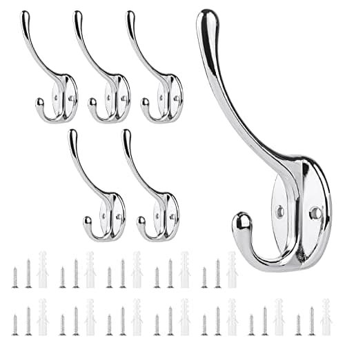Image of Sinofort Coat Hook, 6 Pcs Heavy Duty Coat Hooks Wall Mounted Hooks with 24 Screws for Wall, Door, Wardrobe (Silver)