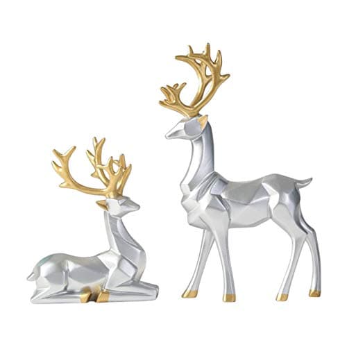 Image of Christmas Reindeer Figurine, Lucky Sitting and Standing Deer Statues Resin Ornaments for Home Tabletop Newyear Decor (Nordic Silver, One Size)
