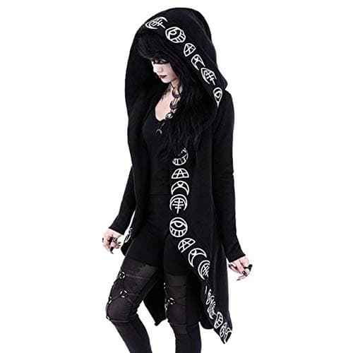 Image of Bestwo Women Moon Gothic Witchcraft Hooded Cardigan Occult Long Sleeve Punk Hoodie Jacket Mid Long Sweatshirt, Tag Size 2XL(UK 14-16), Black