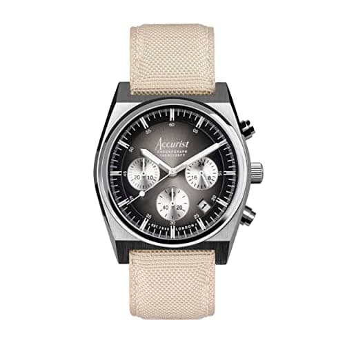Image of Accurist Mens Origin 41mm Quartz Watch in Black with Chronograph Analogue Display, and Cream Canvas Strap 70004