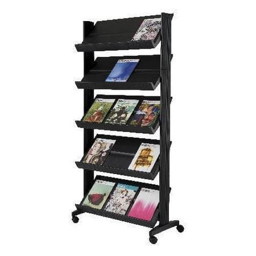 Image of Horison Industries Wide Mobile Literature Display Rack 1675x780x327mm – Magazine Rack Floor and Brochure Stand with A4 File Holder, Magazine Display Stands with 5 Wide Shelves for Public Spaces— Black