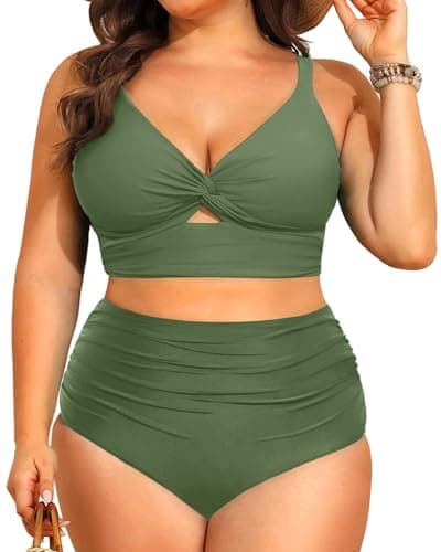Image of Yutdeng Women's Plus Size Bikini Sets Two Piece Swimsuits High Waisted Bikini Bottoms Tummy Control Ruched Bathing Suits Twist Knot Padded Swimwear Adjustable Straps Swimming Costume,Green,4XL