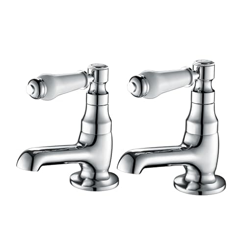 Image of Hapilife Basin Pillar Taps Pair Mixers Victorian Traditional Twin Bathroom Sink Tap White Ceramic Lever Two Cloakroom Tap Chrome 2 Holes Mono Hot and Cold Water G1/2’’