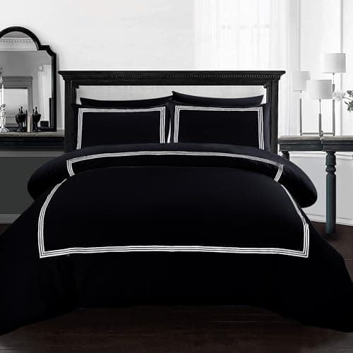 Image of AR Ware King Size Duvet Cover Sets – 3 Pcs Bratta Stitch Duvet Cover Sets with 2 Pillowcases – Breathable Microfiber Quilt Cover (Black/White)