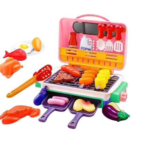 Image of Kids BBQ Grill Toys Set, Kids Pretend Kitchen Role Play Set, Kitchen Toy Set with Spray Sound & Color-Changing Food 30+ PCS Play Kitchen Accessories,Simulation Camping Cooking Interactive Toys (Pink)