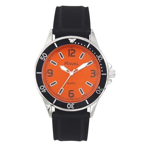 Image of Ravel - Men's Sporty Black Silicon Strap Watch with Top Ring on Silver Tone Case - Analogue Quartz - RS002.08 - Orange Dial