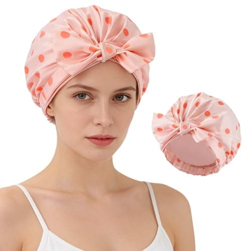 Image of HAGOT Shower Cap for Women, Waterproof Hair Cap for Shower, Double Layer Reusabl, Fits Long Short Hair Curly Hair
