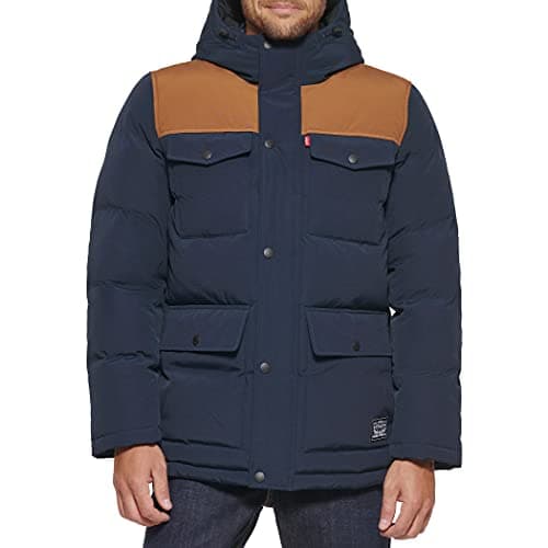 Image of Levi's Men's Arctic Cloth Quilted Lined Performance Parka, Navy/Worker Brown, XX-Large