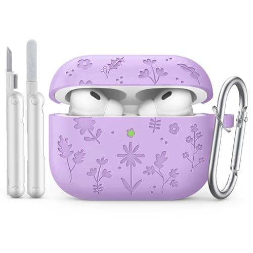 Image of MoKo for AirPods Pro 3 Case Cover with Cleaner Kit, Cute Flower Engraved Case for Apple AirPods Pro 3rd Gen 2025, Silicone Protective Shockproof Cover with Keychain, Purple
