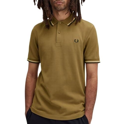 Image of Fred Perry Mens Twin Tipped Polo Shirt M3600 100% Cotton in Shaded Stone Tipped with Ecru and Black Size XL - Extra Large