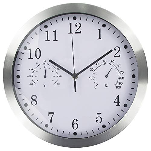 Image of Timelike Metal Quartz Wall Clock,12 Inch Modern Silent Non-ticking Wall Clocks with Thermometer Measures Temperature Humidity for Kitchen,Living Room Bedrooms Office (Silver)
