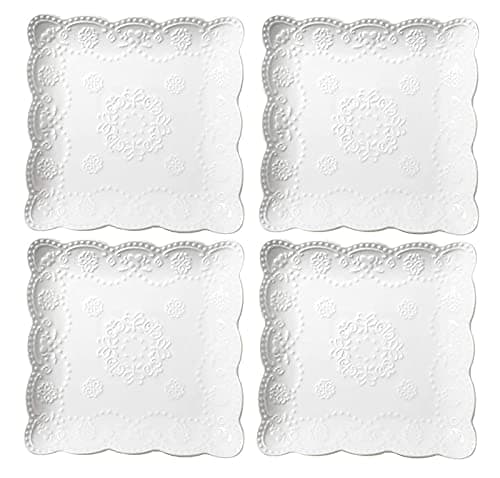 Image of Eplze YBK Tech Elegant Square Embossed Lace Plates, Porcelain Dessert Plates for Breakfast Afternoon Tea, Set of 4 (6-inch)