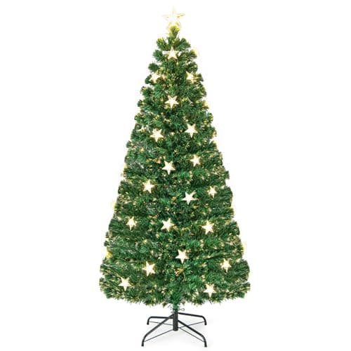 Image of COSTWAY 5FT/6FT Fiber Optic Christmas Tree, Pre-lit Artificial Xmas Trees with Star LED Lights, 8 Lighting Modes, Foldable Metal Base, Holiday Decor for Home Office Shop(6FT)