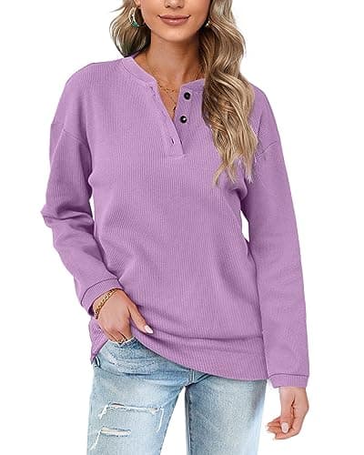Image of Aokosor Womens Long Sleeve Tops Ladies Loose Sweatshirts with Buttons Plain Jumpers Light Purple Size 14-16