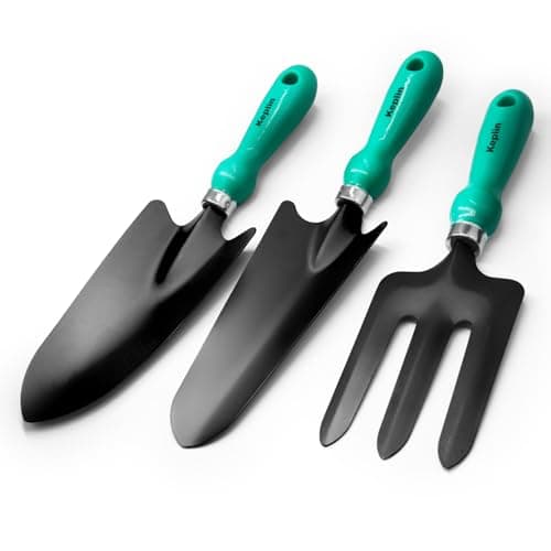 Image of Keplin - 3pc Garden Tool Set - Carbon Steel Blades & PP Handles - Includes Trowel, Transplanting Trowel & Fork - Durable & Weatherproof - 11.5cm Handles - Essential for Digging, Planting & Weeding