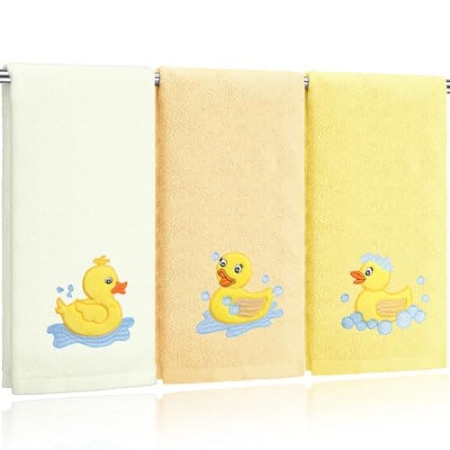 Image of Hahafelt 3 Pack Rubber Ducky Coastal Hand Towels for Bathroom 100% Cotton Embroidered Bathroom Towels 13.78 x 29.53 Inch Beach Hand Towels Soft Absorbent Cotton Towel (Yellow, Duck)