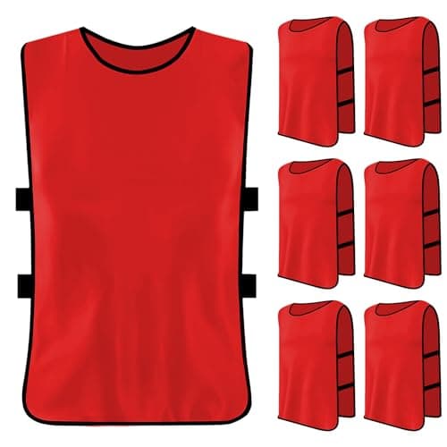 Image of Catime Set of 6 Sports Mesh Bibs and Vests - Football, Basketball, Training Bibs for Men and Women, Red, Adult Size XL