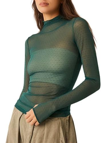 Image of Springcmy Women Sexy Mock Turtle Neck Long Sleeve Sheer Mesh Ruched See Through Swiss Dots Going Out Layering Slim Fit Tops Streetwear (A-Army Green, M)