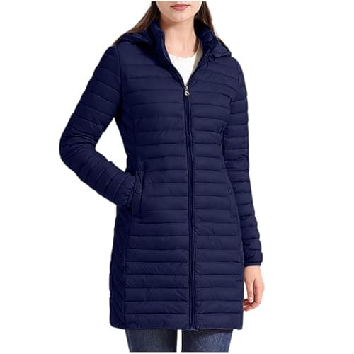 Image of NSICBMNO Winter Jacket For Women Uk Plus Size Long Coats Lightweight Packable Down Jacket With Hood Puffer Coats Ladies Padded Coat Long Sleeve Full Zip Hoodie Cotton Quilted Jackets Hiking