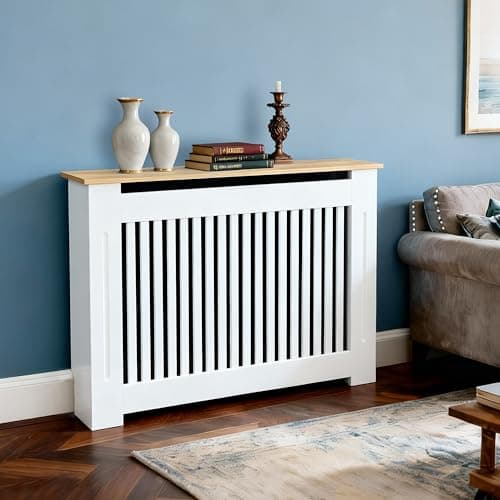 Image of Tall Radiator Cover Painted Radiator Covers, 92cm External Height Medium Heater Covers with Wood Texture Nature Top, Inner 90cm Vertical Slats - White MDF,Modern Thicken Decor Shelf for Home Office