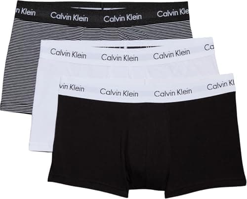 Image of Calvin Klein Men’s 3 Pack Low Rise Trunks Underwear, Multicolor (White/B&W Stripe/Black), S