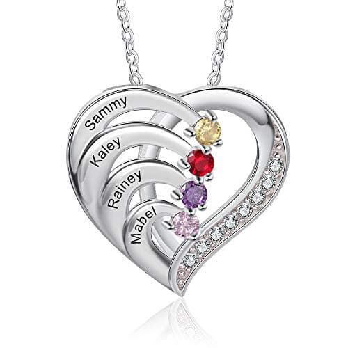 Image of Ashleymade Personalized Necklace Silver 925 Women's Heart Pendant Necklace with 4 Names Engraving Mother Daughter Gift for Mother's Day Valentine's Day Christmas
