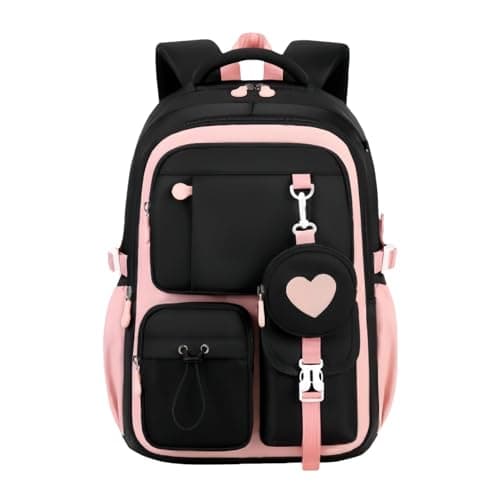 Image of Bansusu Girls Backpack for School Kids, Secondary School Bags Black Backpack for Girls Casual Daypack Bookbag, Y040-Black+Pink