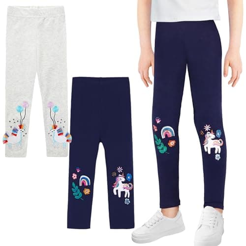 Image of JinBei 2-Pack Girls Leggings Cotton Long Trousers Elastic Breathable Soft Sports Casual Leggings with Embroidery Horse Pattern Kids Pants Activewear, 2-3 Years,Grey and Dark Blue