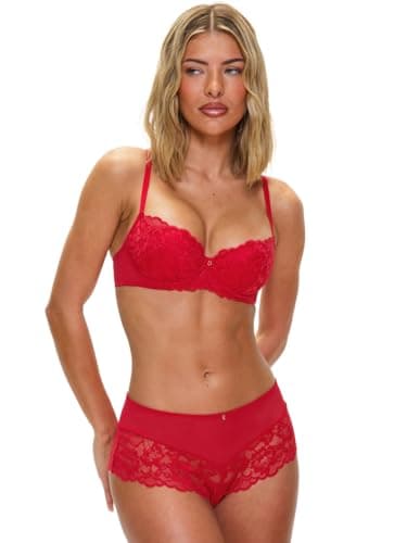 Image of Ann Summers Sexy Lace Padded Balcony Bra, Fuller Bust DD+, A-G Cup, Curve-Enhancing Womens Underwear with Push-Up Cups, Underwire Support & Removable Pads Red - Womens Lingerie