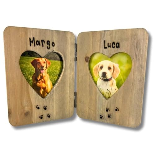 Image of Personalised Pet Double Photo Frame – Engraved Wooden Dog or Cat Frame, Holds Two 6x4 Photos
