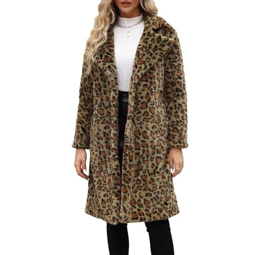Image of FeMereina Womens Faux Fur Coats Leopard Jackets Loose Warm Fall Winter Fluffy Jacket Outwear (Army Green, L)