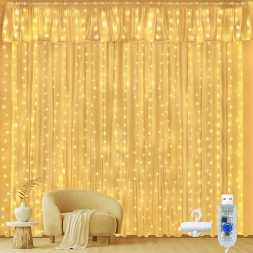 Image of Ollny Curtain Lights Indoor Outdoor, 300LED 3mx3m Christmas Window Fairy Lights, Waterfall Hanging String Light Waterproof with USB 8 Modes for Bedroom/Wedding/Party/Xmas Decorations, Warm White