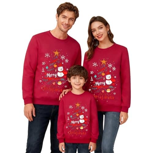 Image of Family Matching Christmas Jumpers Round Collar Long Sleeve Fleece Sweatshirt with Holiday Print for Men Women and Kids Hatless Funny Xmas Jumpers Novelty Sweatshirts Family,Red,6-7 Years