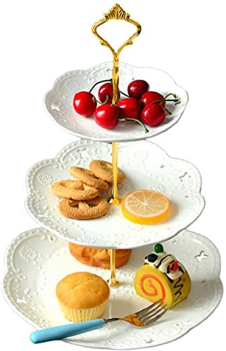 Image of YBK Tech 3-Tier Porcelain Serving Stand, Cake Stand with Embossed Lace Pattern - (White, Gold rod)