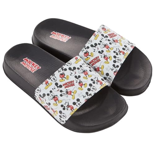 Image of Disney Ladies Minnie and Mickey Slides - Ladies Classic Mickey and Minnie Mouse Slide Sandals Mickey & Minnie Mouse Slip On Slides, Black White, 4 UK
