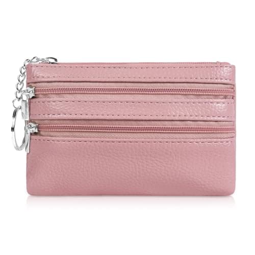 Image of Aucuu Coin Purse Leather Zipper Wallet Card Holder Key Case Women Mini Wallet, with 3 Compartments & Keychain, Small & Lightweight, Easy to Carry, 12 * 8 CM (Pink)