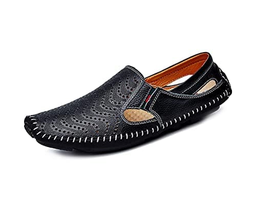 Image of Asifn Mens Leather Driving Loafer Lightweight Slip-on Perforated Breathable Walking Boat Shoes Flat Slippers Outdoor Moccasin(Black,10/10.5 UK,47 Brand Size