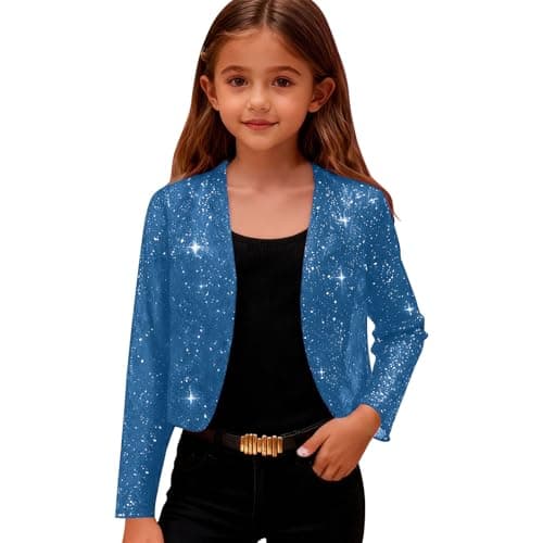 Image of duxyoz Sky Blue Sequin Jackets for Kids Girls - Long Sleeve Open Front Cardigan Dress Coat,Sparkly Zipper Lightweight Shawl Cardigan Jacket,Business Formal Casual Shiny Short Jacket 7-8 Years