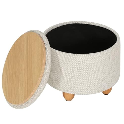 Image of WOLTU Round Stool with Storage Space, Footstool with Lid, Padded Stool, Solid Wood Legs, Linen Cover, Diameter 39x33cm, Cream White