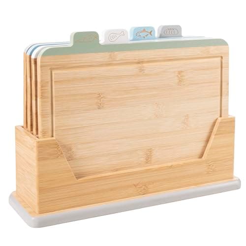 Image of Vencier 4-Piece Bamboo Chopping Board Set with Storage Stand – Colour-Coded Food Prep Boards for Meat, Fish, Vegetables & Bread – Durable, Hygienic & Non-Slip Kitchen Cutting Boards