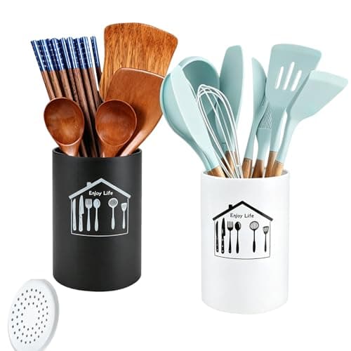 Image of QUMENEY 2 Pcs Kitchen Utensil Holder Stainless Steel Cutlery Holder Pot Utensil Crock Holder for Kitchen Counter Storage Utensil Organizer Flatware Caddy（Black + White）