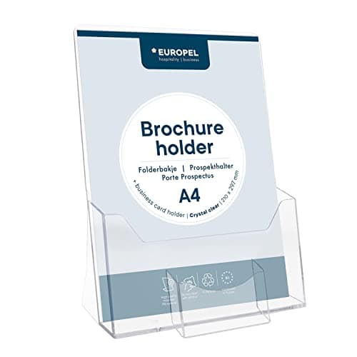 Image of EUROPEL Leaflet & Brochure Holder With Business Card Compartment For A4 Size Literature, Crystal Clear Acrylic Construction, Booklet, Flyer & Menu Display & Dispenser, Portrait