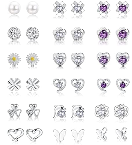 Image of YADOCA 18 Pairs 925 Sterling Silver Stud Earrings Set for Women Girls Cubic Zirconia Studs Pearl Crystal Round Heart Shape Flower Butterfly Small Cartilage Stud Earrings Jewelry