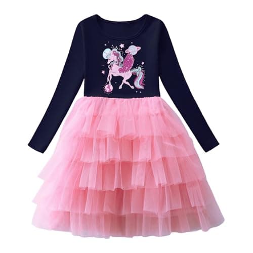 Image of Baogaier Girls Dress Long Sleeve T-Shirt Soft Tutu Tulle Dresses Cotton Casual T-Shirt Animal Print Round Neck Birthday Party Wedding Princess Dress Gifts Kids Clothes 3-4 Years, Navy Blue