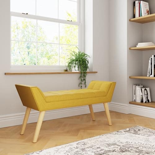 Image of GFW Milan Upholstered Storage Bench, Window Seat With A Padded Stool Seat, Accent Solid Wood Legs, Suitable for Living Room Bedroom Hallway Or Dining Room Mustard Yellow H-51cm x W-118cm x D-43cm
