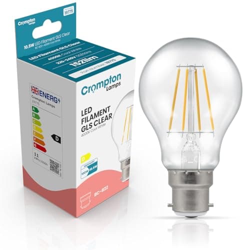 Image of Crompton Lamps Filament GLS LED Light Bulb BC-B22d | 10.5W = 100W Equivalent | Cool White 4000K | Energy Efficient | Bayonet Lightbulb | Long Life 15,000-Hrs | Clear Glass