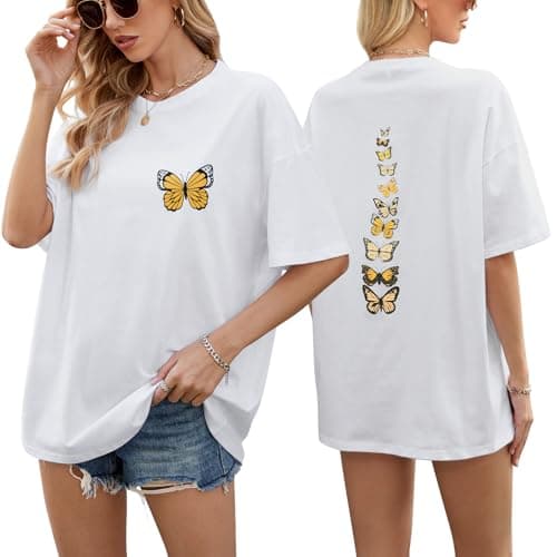 Image of TOMEEK Oversized T Shirts for Women Crew Neck Casual Summer Tops Ladies T Shirt Cotton Short Sleeve Blouse Vintage Graphic Tee Shirts Baggy Top Plus Size(White,L)