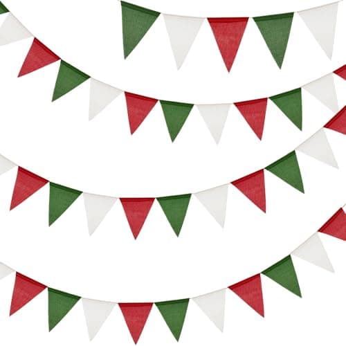 Image of G2PLUS 12M Red Green and White Burlap Bunting, 36PCS Christmas Hessian Banner, Reusable Outdoor Waterproof Xmas Garlands for Party, Garden Decoration