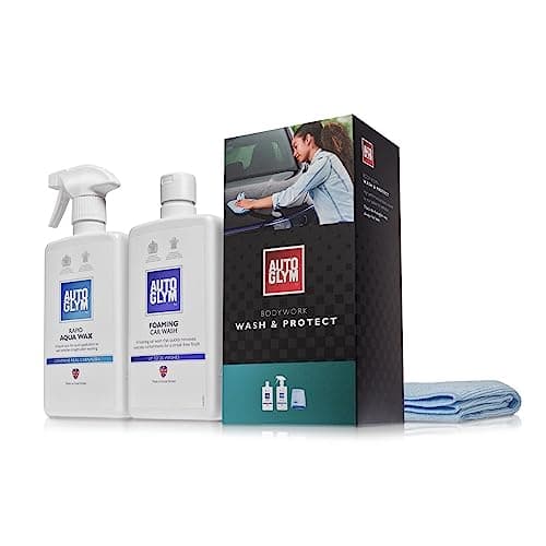 Image of Autoglym Bodywork Wash and Protect - 4-Piece Car Cleaning Kit for Car Exteriors, Car Care Gift Set Includes Foaming Car Wash - 500 ml, Rapid Aqua Wax - 500 ml, 2 Car Cleaning Microfibre Towels