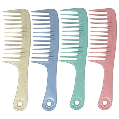 Image of Pack of 4 Wide Tooth Hair Comb Set, Detangling Comb with Handle Hole for Easy Hanging, Durable Plastic Combs for Men and Women, Pastel Colors for Smooth, Frizz-Free Styling